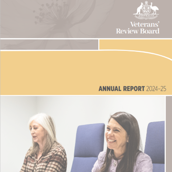 The cover image from the 2024-25 VRB Annual Report. It shows the Australian Government logo and two women sitting on blue conference chairs.
