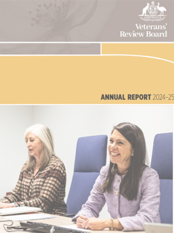 Veterans' Review Board Annual Report 2024-24. Two women are sitting in office chairs at a desk.